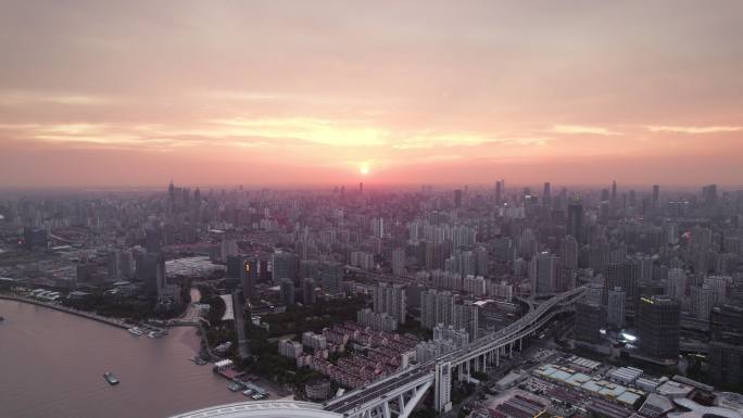 上海卢浦大桥日落晚霞大气航拍长镜头