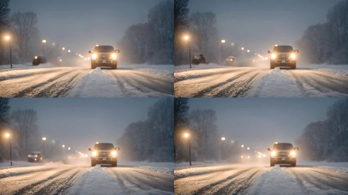 冬季行驶中的汽车大灯强烈暴风雪的夜间道路