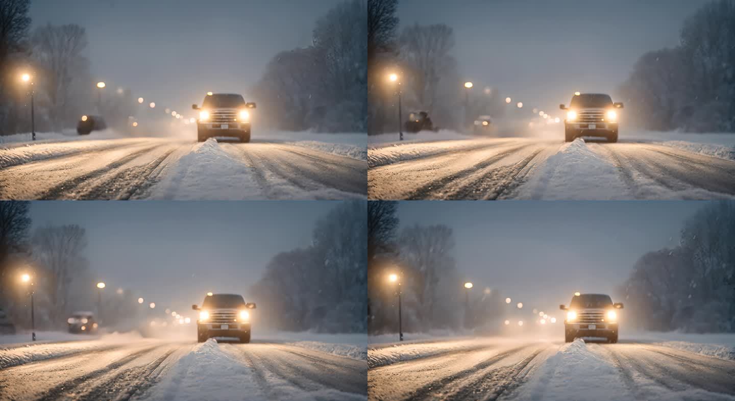 冬季行驶中的汽车大灯强烈暴风雪的夜间道路