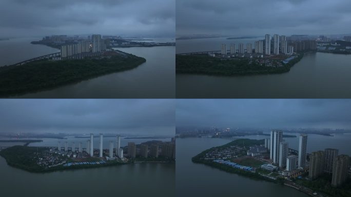 武汉江夏澳门山庄二期傍晚蓝条时刻风景航拍