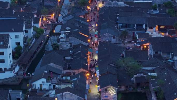 绍兴入夜时分城市风景航拍