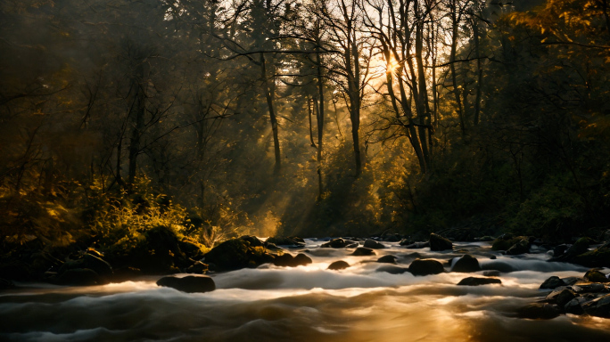 森林自然光影唯美小溪高速流水