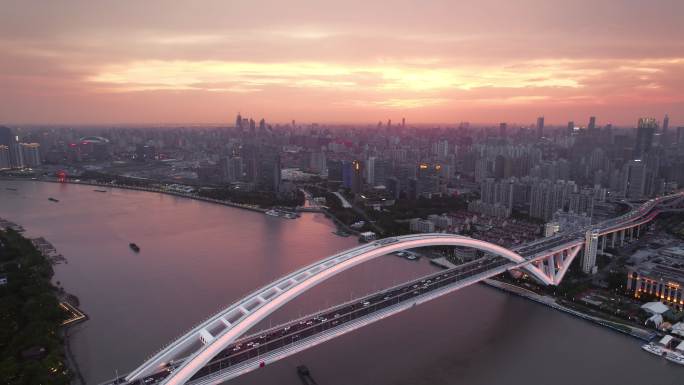 上海卢浦大桥日落晚霞大气航拍长镜头