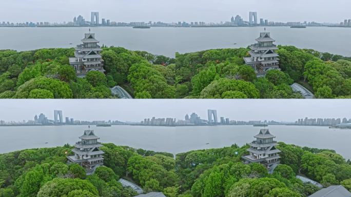 苏州金鸡湖桃花岛紫气阁中式建筑夜景航拍