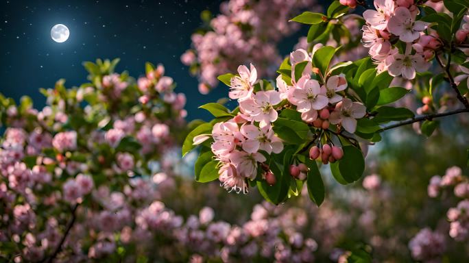 夜晚夜光下的盛开的桃花梨花