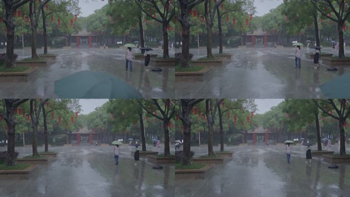 4K实拍，顺德顺峰山公园广场上撑伞的游客