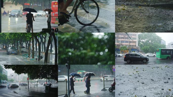 4k下雨天打伞的行人 行驶的汽车 水花