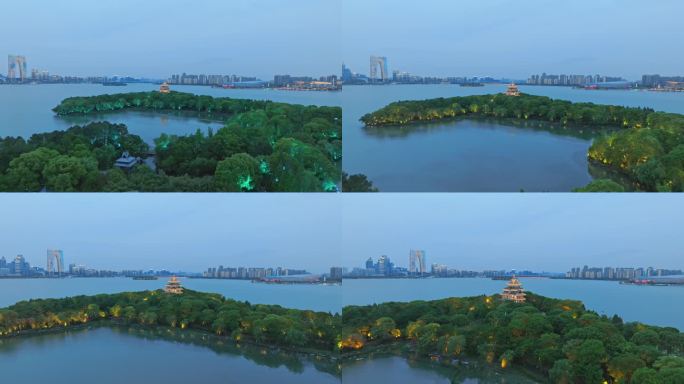 苏州金鸡湖桃花岛紫气阁中式建筑夜景航拍