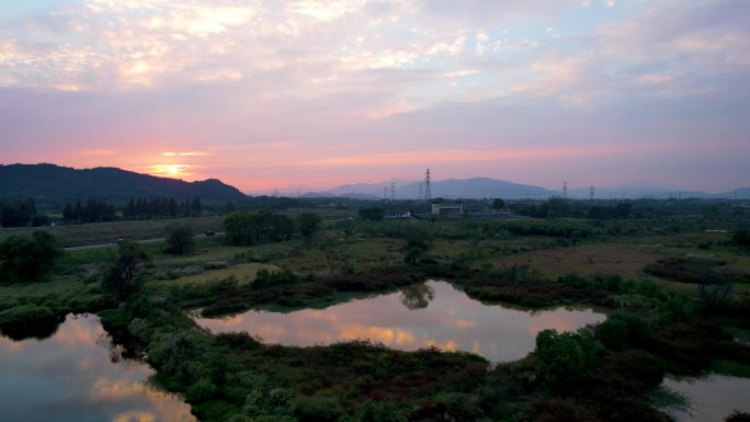 日落下的杭州余杭北湖草荡湿地风光