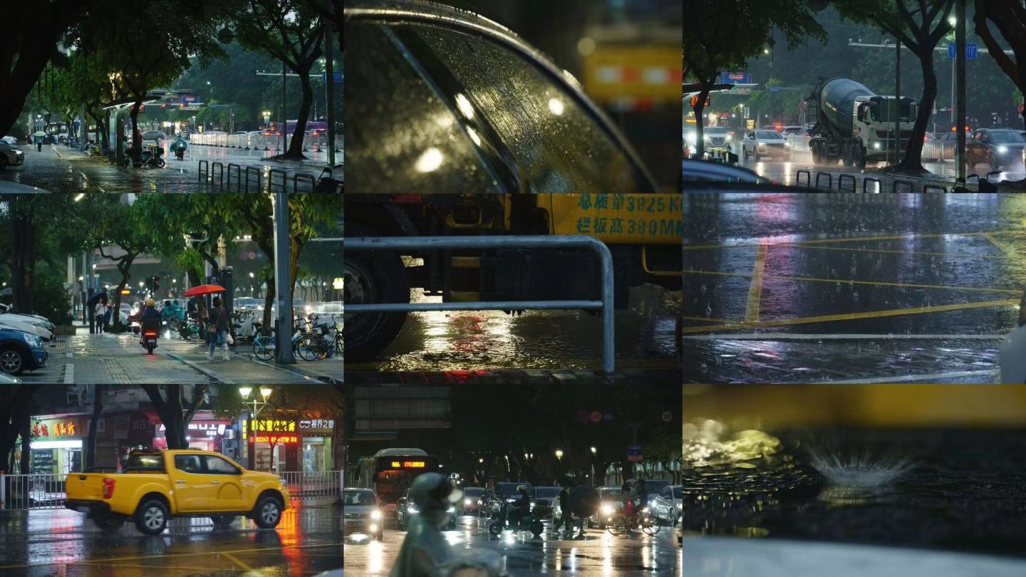 佛山下雨天打伞的行人行驶的汽车溅起水花