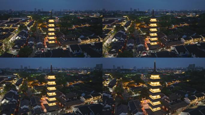 上海嘉定法华塔州桥老街夜景航拍