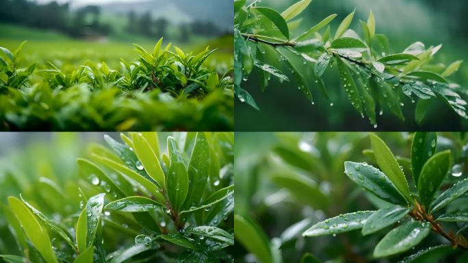 谷雨雨后茶田茶山茶叶嫩芽嫩叶