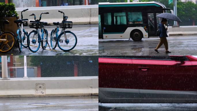 城市马路下雨天雨水雨滴街景街道街头风景风