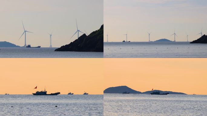 4k海平面渔船货船和风力发电机