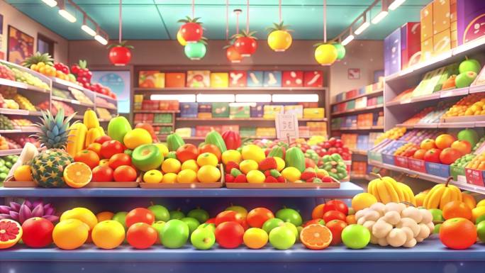 4K唯美梦幻卡通动漫新鲜有机水果超市背景