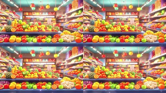 4K唯美梦幻卡通动漫新鲜有机水果超市背景