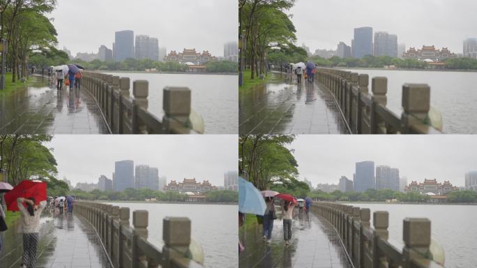 4K实拍顺德顺峰山公园雨中撑伞前行的游客