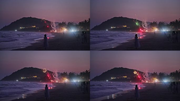 海南万宁神州半岛海滩烟花与游客升格空镜