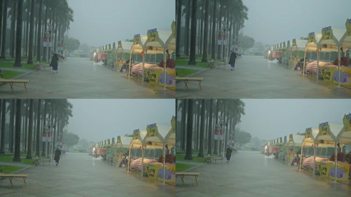 4K升格实拍顺德顺峰山公园暴雨中游客离开