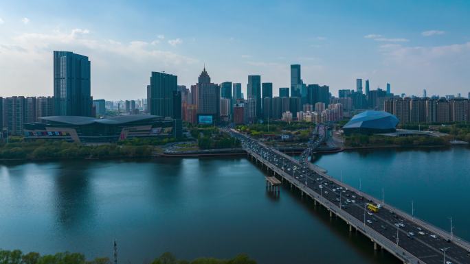 沈阳浑河大桥车流城市风光航拍延时