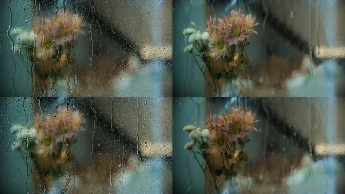水珠下雨窗户玻璃滴水雨水留下晚上阴天下雨