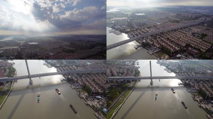 上海闵浦二桥蓝天白云交通耶稣光航拍长镜头