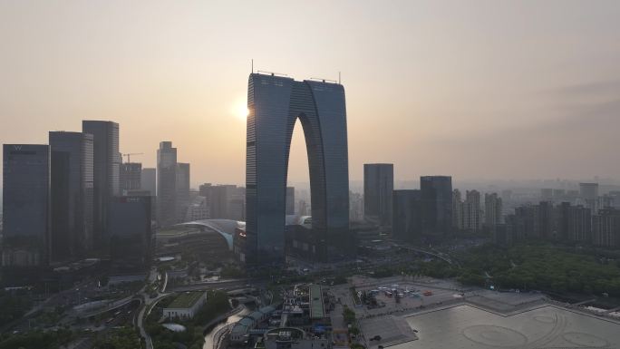 苏州中心 夕阳 落日 苏州 工业园区航拍