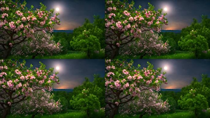 夜晚夜光下的盛开的桃花梨花