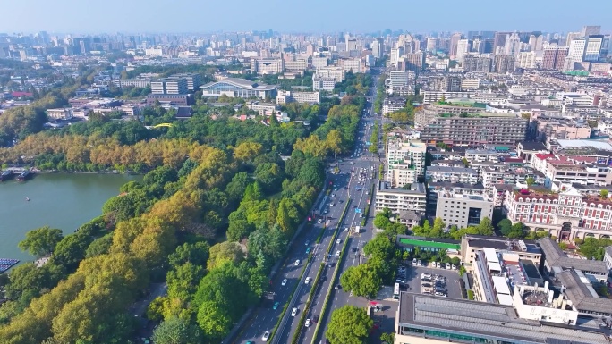 浙江杭州西湖景区环城西路上城区延安路航拍