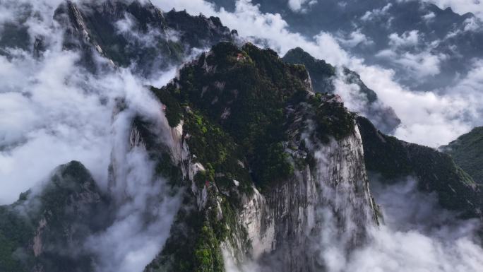 航拍渭南华阴地标华山晚霞日落火烧云云海