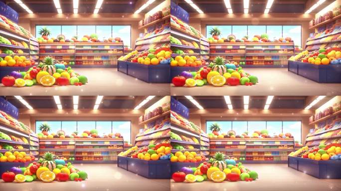 4K唯美梦幻卡通动漫新鲜水果有机超市背景
