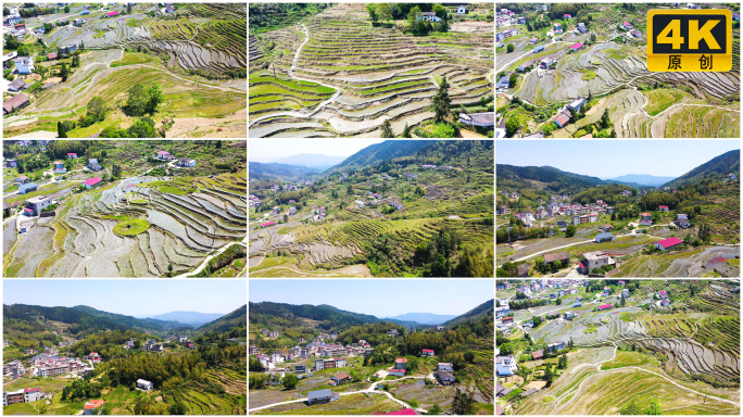 春日梯田层层叠叠春耕航拍