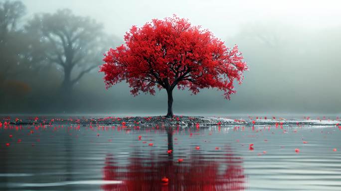 意境唯美树 红色 红色 黑色
