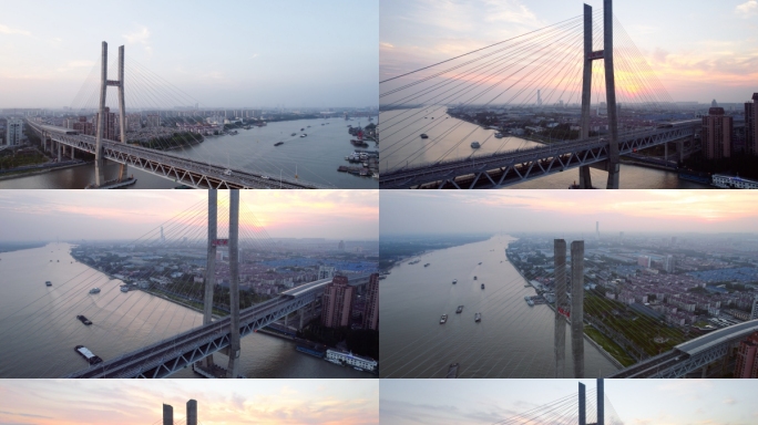 [合集]上海闵浦二桥日落交通车流大气航拍