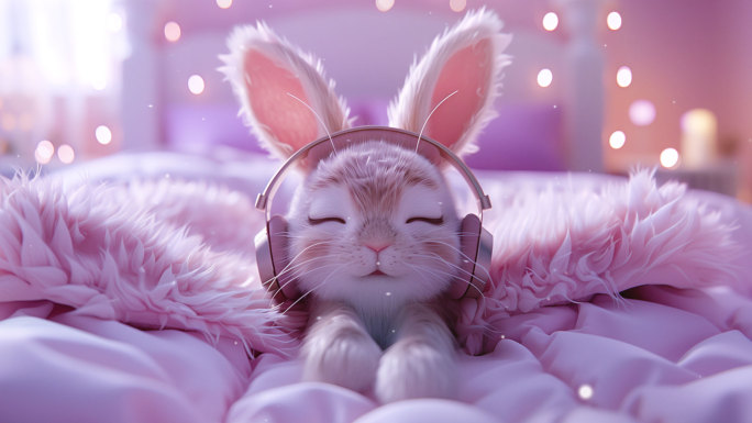 戴耳机听音乐的可爱兔子
