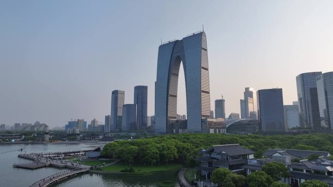 苏州中心 夕阳 落日 苏州 工业园区航拍