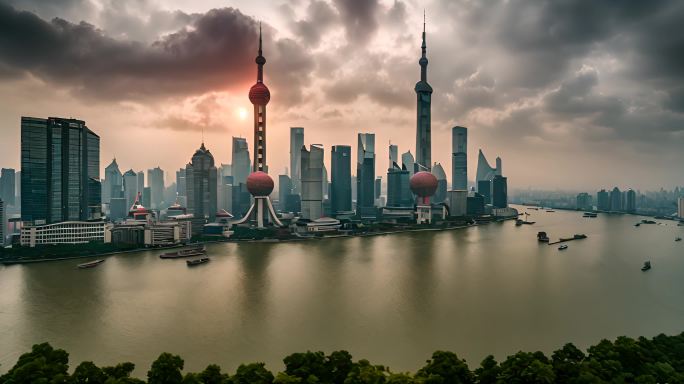 日落时分的中国上海天际线