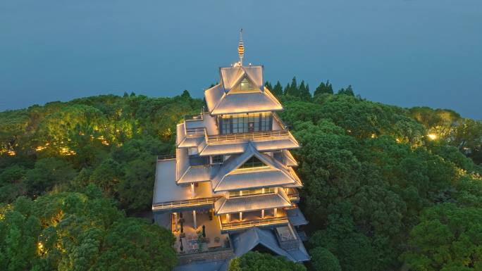 苏州金鸡湖桃花岛紫气阁中式建筑夜景航拍
