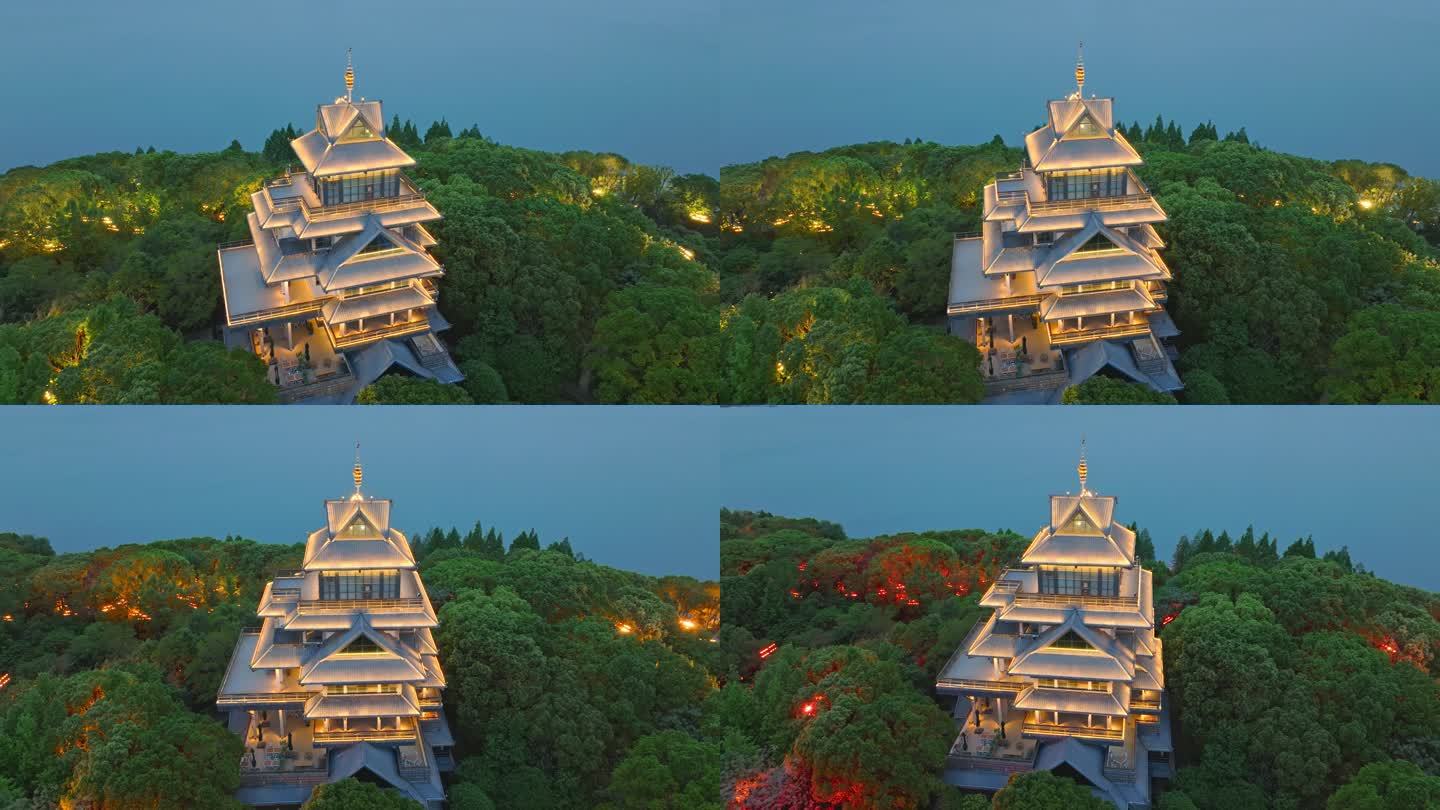苏州金鸡湖桃花岛紫气阁中式建筑夜景航拍