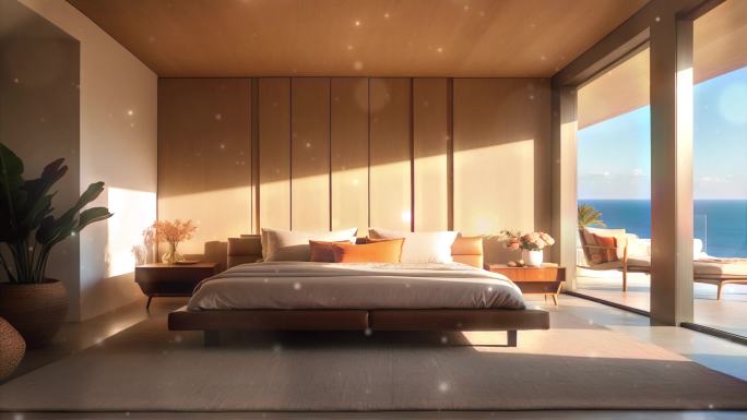 4K唯美梦幻海边度假酒店房间室内设计背景