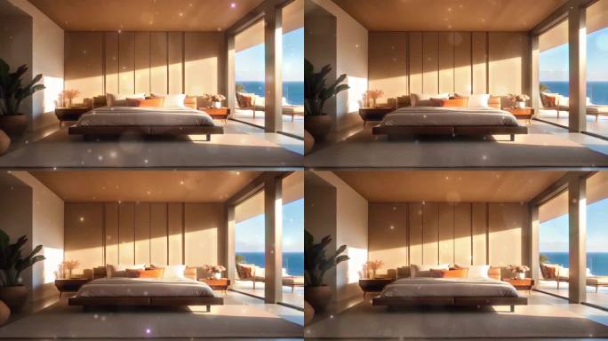 4K唯美梦幻海边度假酒店房间室内设计背景