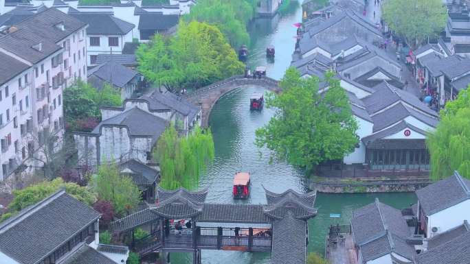 春天细雨里的水乡古镇南浔古镇风景航拍