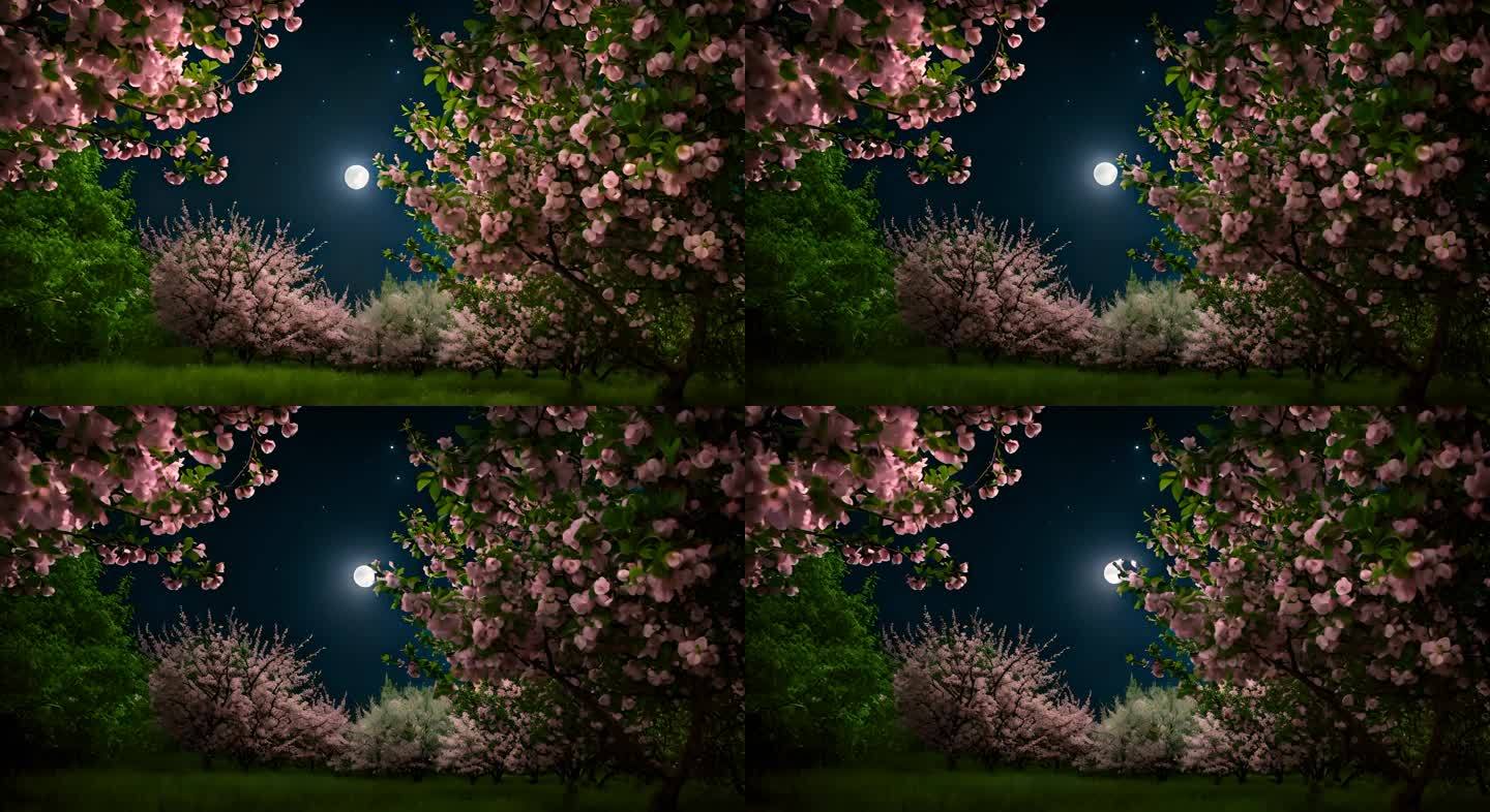 夜晚夜光下的盛开的桃花梨花