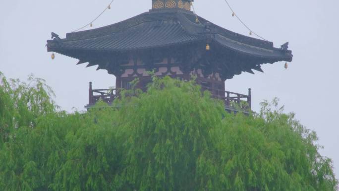 江苏苏州寒山寺江南水乡下雨季游客风景风光