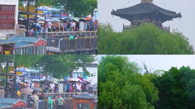 江苏苏州寒山寺江南水乡下雨季游客风景风光