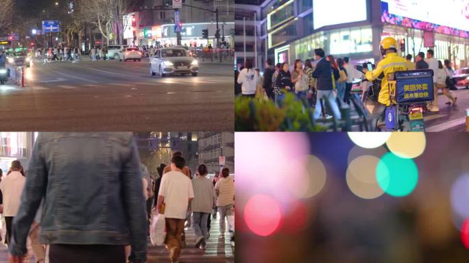 夜晚城市人群行人汽车车辆车流人流夜景人文