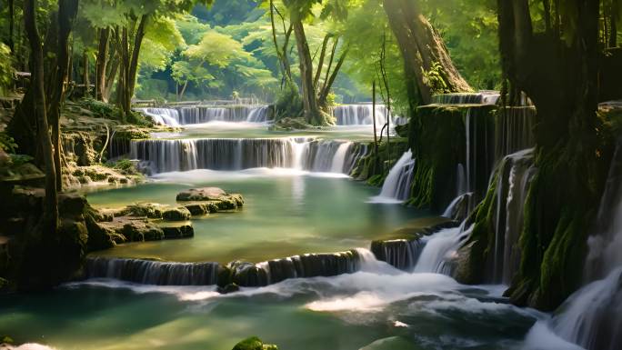 森林流水瀑布草原山水风景溪流大自然航拍