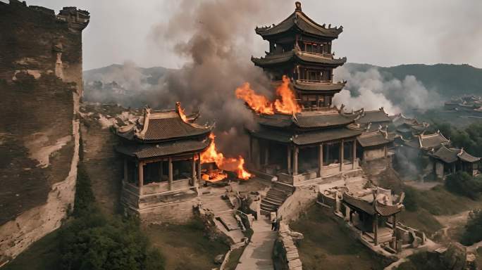 山川河流中式建筑燃烧背景合集