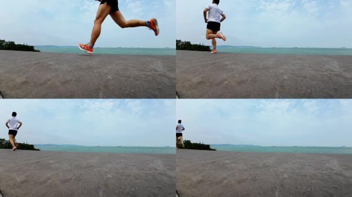 福建漳州港海边跑步者的脚步升格慢动作