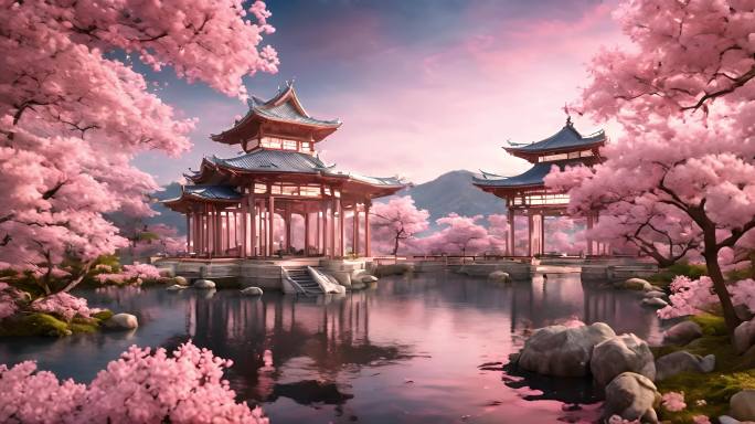 粉色樱花中式建筑背景盛开鲜花